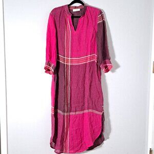 Noon Nordic Pink Plaid Boho Linen Blend Maxi Dress